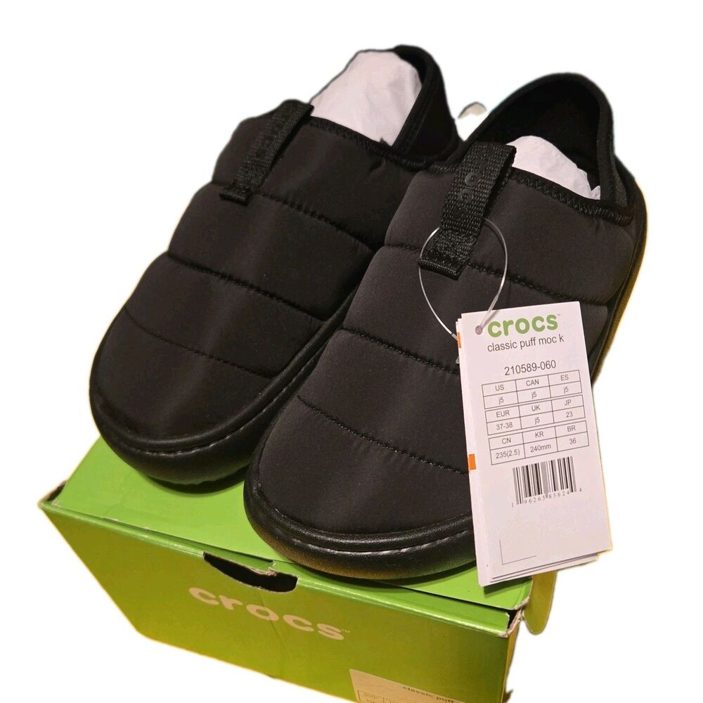 Crocs Classic Puff Moc 210706 Black/Black Unisex Slip On Shoes KIDS J5